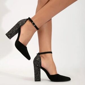 Elegant Suede Black and Glitter Women's Heels